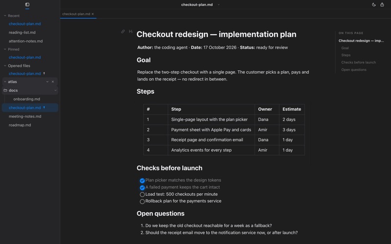 The same plan document in the dark theme